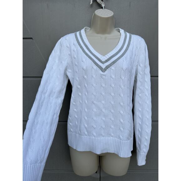 Ralph Lauren L-RL Women’s Cable Knit Sweater White Cotton V Neck Preppy Tennis L - Picture 7 of 10